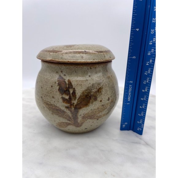 Handmade Pottery Jar Lid Earthenware Stoneware Beige Brown Speckle Plant Motif - Picture 10 of 11